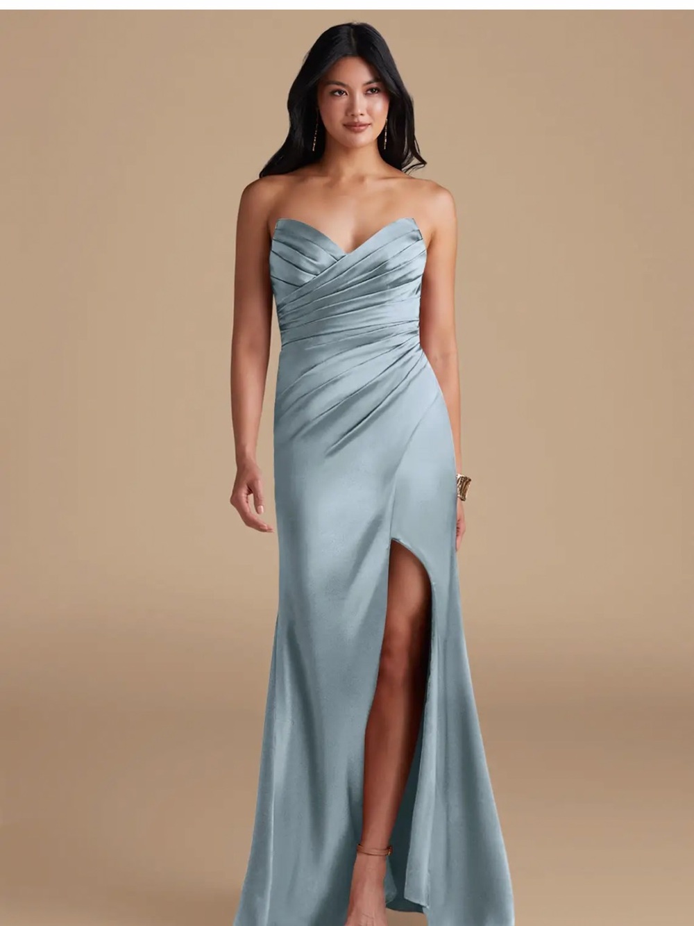 Azazie Light Blue Strapless Ruched Satin Gown with Slit